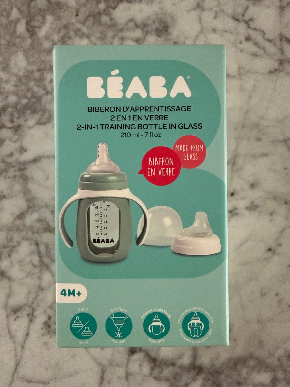 Beaba 2-in-1 Training Bottle in Glass and Mint Green